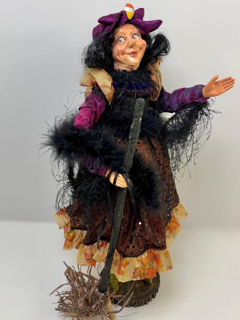 Vintage Halloween Witch Figurine 19” Resin Face Hands  Candy Corn Bow Standing